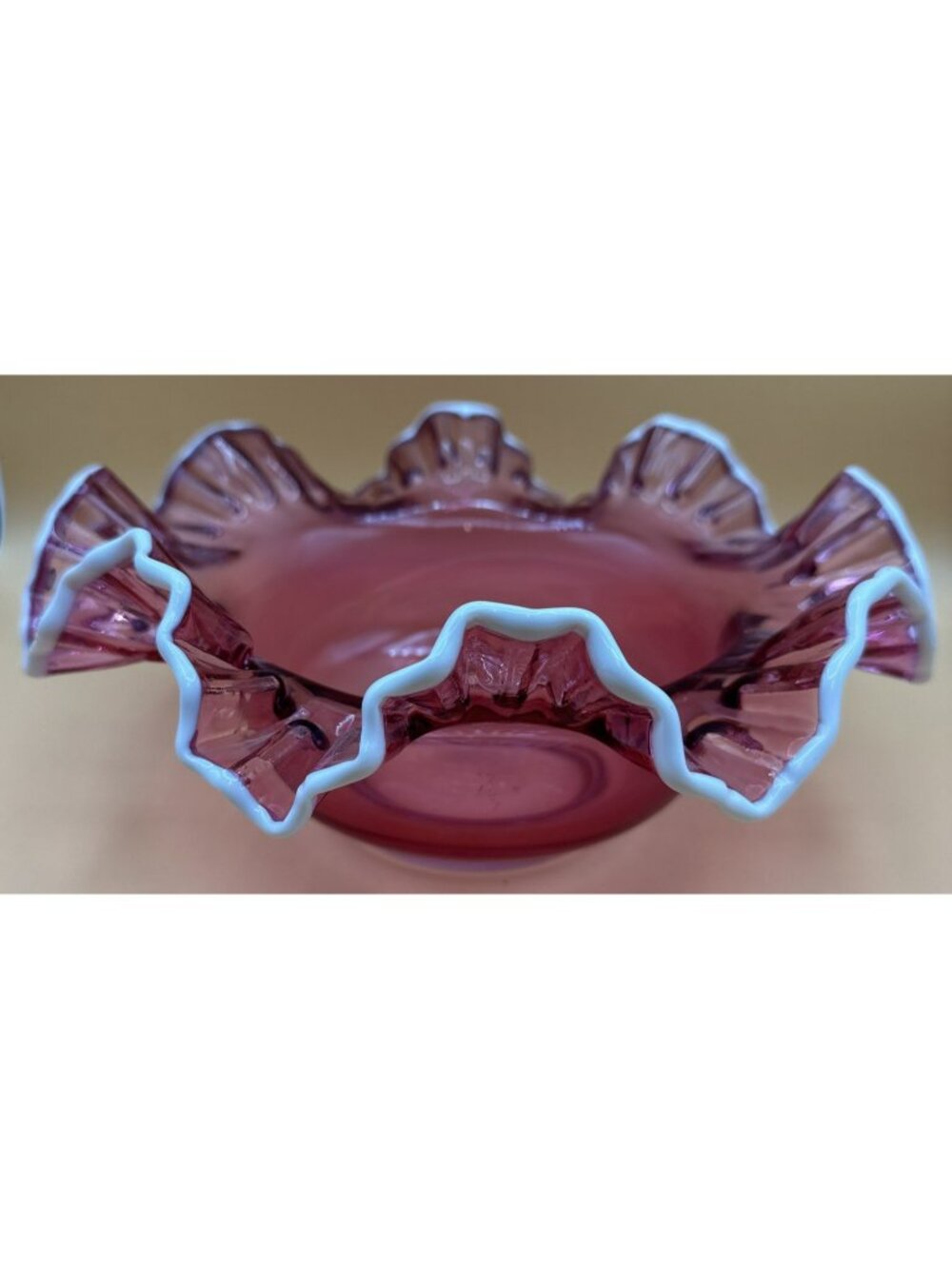 Fenton Cranberry Inverted Ruffled Art Glass Bowl Snow Crest White Rim